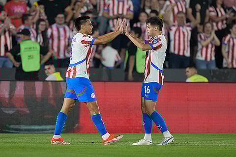 2026 FIFA World Cup Qualifying, Brazil vs Paraguay: Paraguay's Diego Gomez, left, celebrates with Damian Bobadilla after scoring his side's opening goal